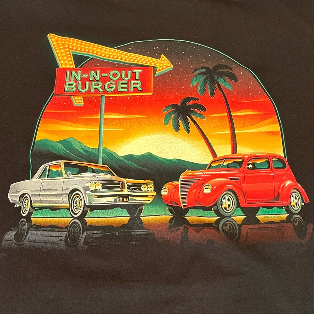 In-N-Out Burger T-Shirt Classic Cars Hills Palms Men’s Size XL Black SS Cotton